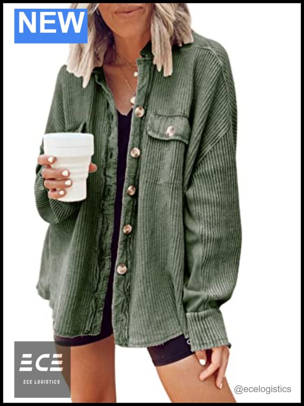 Waffle Knit Button Down Shacket Batwing Sleeve Oversized Shirt Jacket